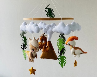 Dinosaur Mobile, embroider crib mobile, Jurassic nurser decor, baby mobile boy,  hanging jungle mobile,  newborn gifts, cot mobile.