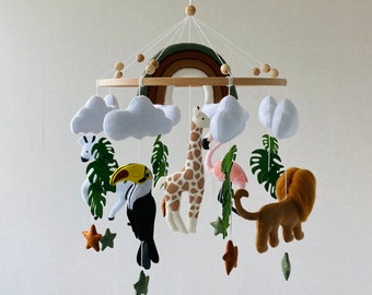 Safari baby mobile for nursery with Rainbow , tropical felt animals, Crib mobile, ceiling mobile, safari nursery decor, newborn gift.