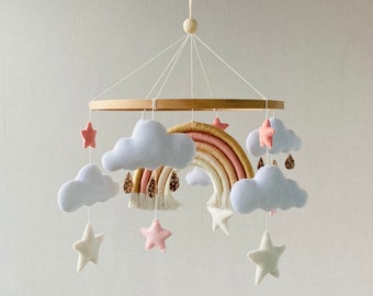 Rainbow  girl Mobile, Baby Bed Decoration, Felt mobile, Hanging musical mobile, mobile nursery, baby mobile neutral, , kit Crib mobile,