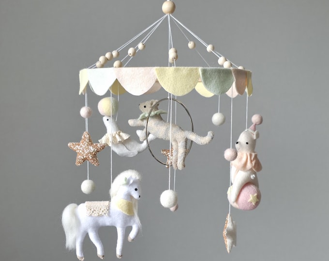 Circus baby mobile, carousel mobile, toddler girl decor, crib mobile, hanging nursery decor, baby shower present, new mom gift.