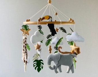 Móvil safari para bebés, móvil para cuna de guardería, animales realistas de África, niña móvil para bebés, móvil monstera, móvil unisex, regalo de ducha para recién nacidos.