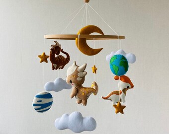 Space Dinosaur Mobile, embroider baby mobile, hanging mobile, urassic nursery, crib mobile, baby mobile boy, planet mobile, newborn gifts.