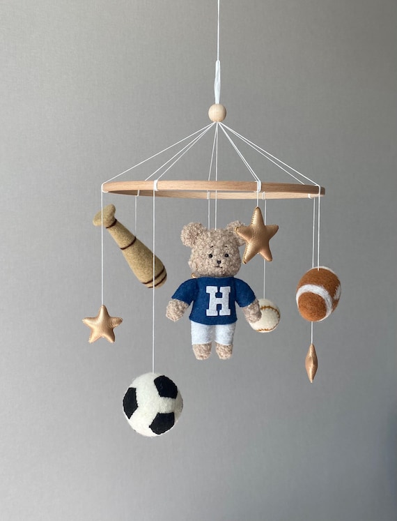 Baby Vintage Nursery mobile,  Football Teddy Bear mobile, Soccer bear mobile, sports nursery decor, Baby boy shower Gift idea, new mom gift.