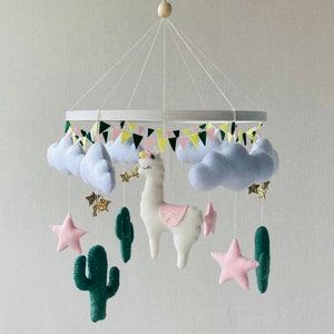 Lama Mobile, kinderkamer alpaca mobiel, baby mobiel meisje, wieg voelde mobiel, kinderkamer mobiel, baby douche cadeau, pasgeboren cadeau, bloemen mobiel