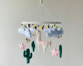 Llama Mobile, nursery alpaca mobile, baby mobile girl, crib felt mobile, nursery mobile, baby shower gift, newborn present, flowers mobile