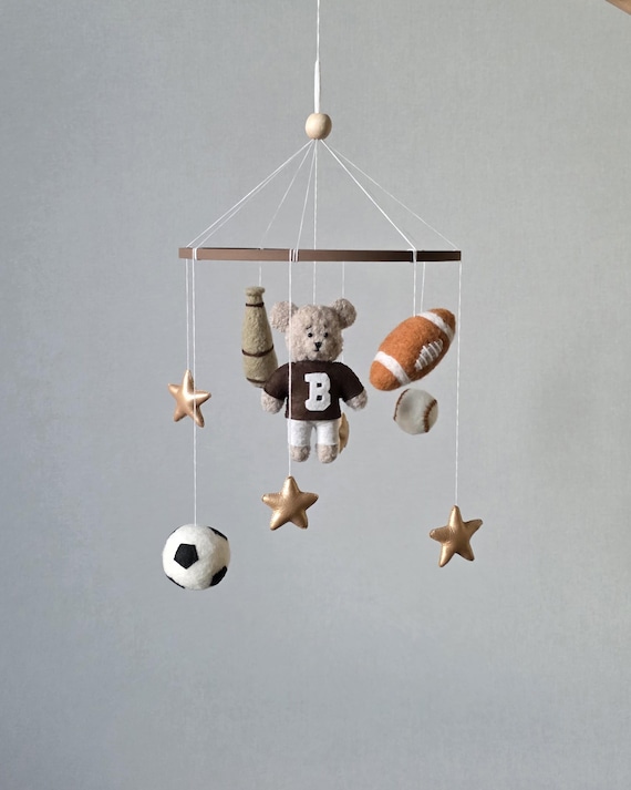 Vintage Sports nursery mobile, Teddy Bear mobile, Soccer bear mobile, sports nursery decor, Baby boy shower Gift idea, new mom gift.