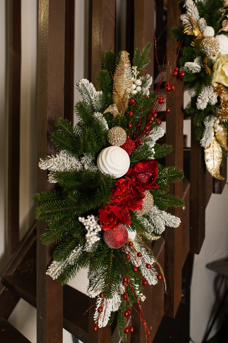 Christmas Swag for Stairs, red Christmas composition on the stairs, Vertical Swags, Christmas for mantel, stairway garland, Christmas decor zdjęcie 2