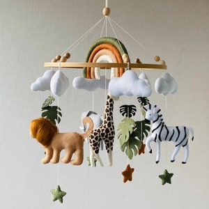 Mobile Safari pour chambre d'enfant avec arc-en-ciel, animaux réalistes en feutre lion, girafe, zèbre, éléphant, mobile pour berceau, mobile pour plafond, cadeau pour nouveau-né. image 5