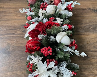 Christmas Garland holly leaves and Poiscentia, Mantle Decoration, Red White Christmas, Luxury fireplace garland, Christmas mantle piece.