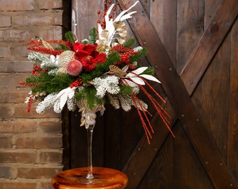 Luxury Christmas centerpiece, xmas red composition for table center, window holiday decor, stylish elegant Christmas decor.