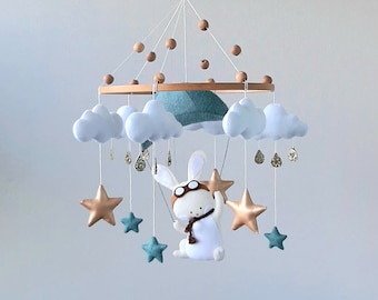 Baby mobile boy,personalization made of felt,bunny on a parachute, Baby hanging crib, handmade Baby, mobile gifts for newborns.