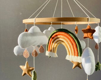 Mobile Bébé Arc-en-Ciel En Bois Avec Étoiles - Mobile Suspendu Pour Lit De Bébé Fille Et Garçon