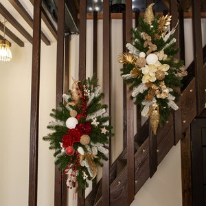 Christmas Swag for Stairs, red Christmas composition on the stairs, Vertical Swags, Christmas for mantel, stairway garland, Christmas decor zdjęcie 1