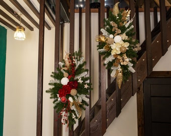 Christmas Swag for Stairs, red Christmas composition on the stairs, Vertical Swags, Christmas  for mantel, stairway garland, Christmas decor