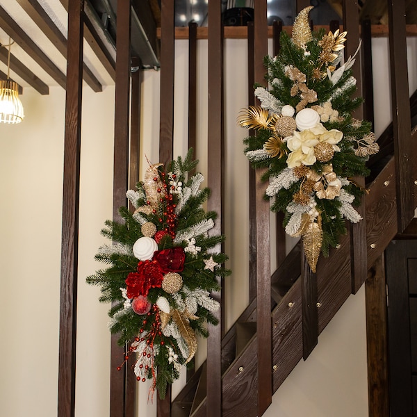 Christmas Swag for Stairs, red Christmas composition on the stairs, Vertical Swags, Christmas  for mantel, stairway garland, Christmas decor