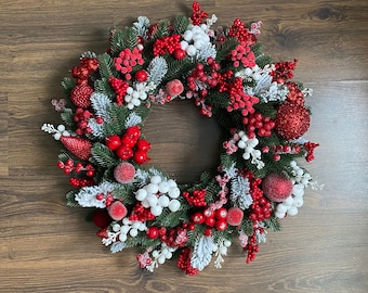 LUXE  red Christmas wreath, Winter Christmas swag, elegant front wreath, modern Christmas wreaths, magnolia wreath, custom wreath.