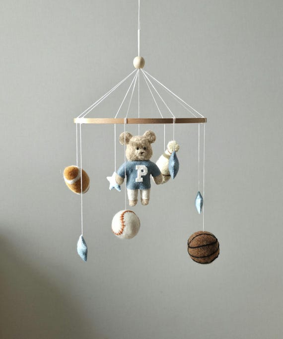 Vintage Sport Nursery mobile with Teddy Bear and basketball, baseball, American football and bat, Baby boy shower Gift idea, new mom gift.