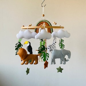 Safari Kinderzimmer Dekor, Mobile mit Regenbogen, realistische Filztiere, Krippe Mobile, Decke Mobile, Geschenk Neugeborener, Mobile bb,