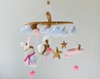 Baby bunny Mobile for girl,expecting mom gift, Mobile with balloons, eco-friendly toy, felt hanging crib mobile, newborn shower gift