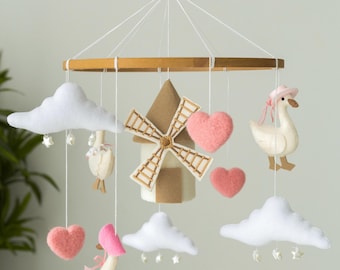 Girl Goose mobile for nursery, pink crib mobile, farm nursery decor, realistic felt toy,  ceiling mobile, baby shower, new mom gift .