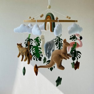 Baby mobile for nursery, jungle mobile with Rainbow, realistic felt animals, safari nursery decor, Crib mobile, ceiling mobile, newborn gift