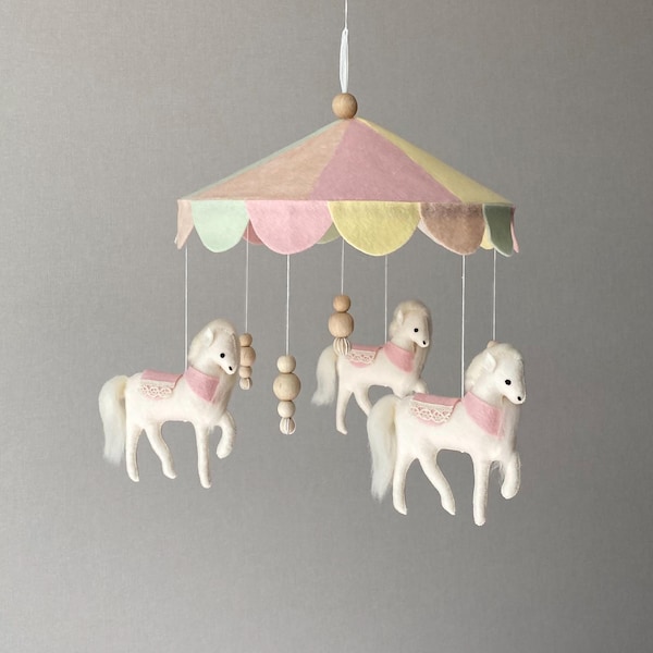 Carousel mobile, girl baby mobile, toddler girl decor, crib mobile, hanging nursery decor, horses mobile, baby shower present, new mom gift.