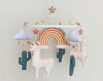 Llama mobile, nursery rainbow mobile, baby mobile girl and boy, crib felt mobile, boho nursery, scandinavian mobile, baby shower gift