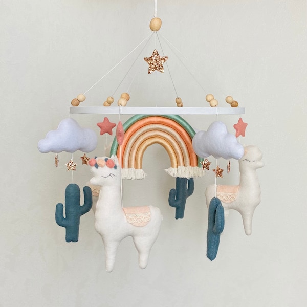 Llama mobile, nursery rainbow mobile, baby mobile girl and boy, crib felt mobile, boho nursery, scandinavian mobile, baby shower gift