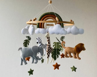 Safari kinderkamer mobiel met regenboog, realistische vilten dieren leeuw, giraffe, zebra, olifant, wieg mobiel, plafond mobiel, pasgeboren cadeau.