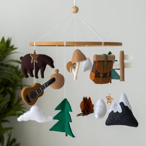 Camping baby mobile, woodland mobile for nursery boy, hunting nursery mobile, mobile bear camper, national park baby mobile, new baby gift,
