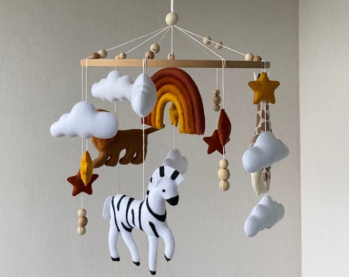 Safari nursery mobile with Rainbow , realistic felt animals lion, giraffe, zebra, Crib mobile, ceiling mobile, boho mobile, newborn gift.