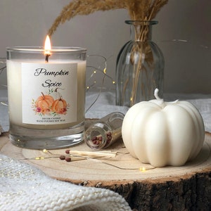 May include: A white pumpkin-shaped candle with a label that reads "Pumpkin Spice" and "Decor Candle Hand Poured Soy Wax". The candle is sitting on a wooden surface with a glass jar of matches and a clear glass vase with dried grass.