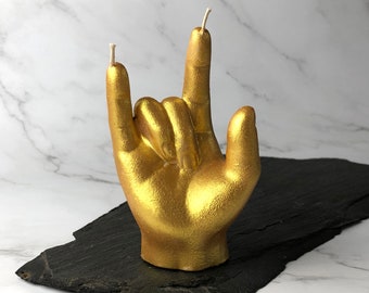 Rock On Hand Candle, Metal Hand Sculpture Candle, Rock Hand Gesture Candle, Eclectic Decor Ornament, Devils Horn Finger Sign, Xmas Gift Him