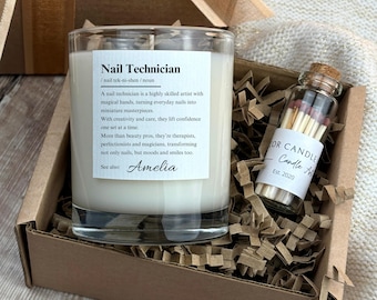 Personalised Nail Technician Definition Candle and Matches, Manicurist Gift, Thank You Nail Artist Present