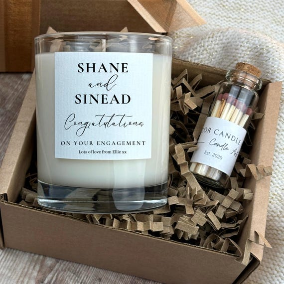 Personalised Engagement Gift Box with Matches - Custom Congratulations Candle for Couples