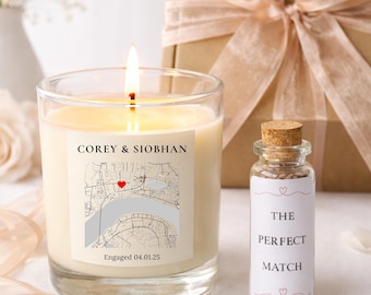 Personalised Map Engagement Candle Gift, Custom Location Gift for Couple, Wedding Anniversary Present with Matches