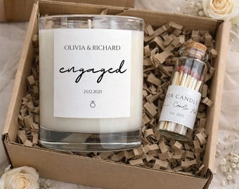 Personalised Engagement Gift Box, Custom Couple Candle with Matches, Newly Engaged Congratulations Hamper
