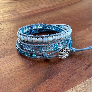 Aqua Blue & Gray Wrap Bracelet- 3 Layer Beaded Wrap Bracelet, Leather Wrap Bracelets for Women, Gemstone Wrap Bracelet, Gifts for Her