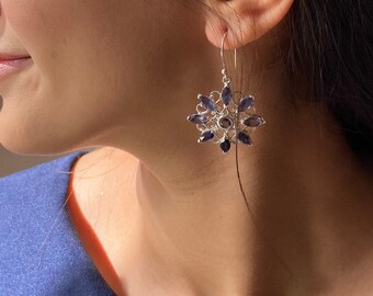 Natural Blue Iolite Gemstone Earrings, 925 Sterling Silver Earrings, Flower Shaped Dangle Earrings, September Birthstone Earrings