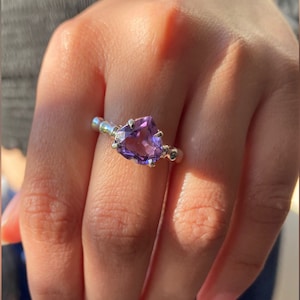 Natural Purple Amethyst Heart Cut Gemstone Ring, February birthstone Solitaire ring, 925 Sterling Silver Ring for women