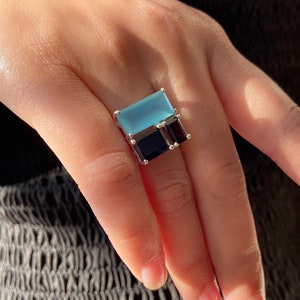 Multi Stone 925 Sterling Silver Ring, 3 in 1 Statement Ring, Gemstone Ring for Men and Women, Iolite, Garnet and Chalcedony Designer Ring