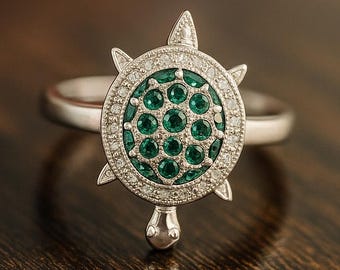 Tortoise Turtle 925 Sterling Silver Gemstone Ring, Good Luck Silver Ring for Woman, Green Peridot Gemstone Turtle Good Luck Prosperity Ring