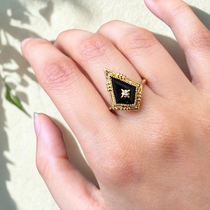 14K Yellow Solid Gold Art Deco Vintage Black Onyx Gemstone and Diamond Accent Ring - Vintage Inspired Statement Ring Women