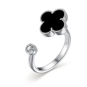 Black Onyx Clover Motif Ring in 925 Sterling Silver with Cubic Zirconia  Diamond