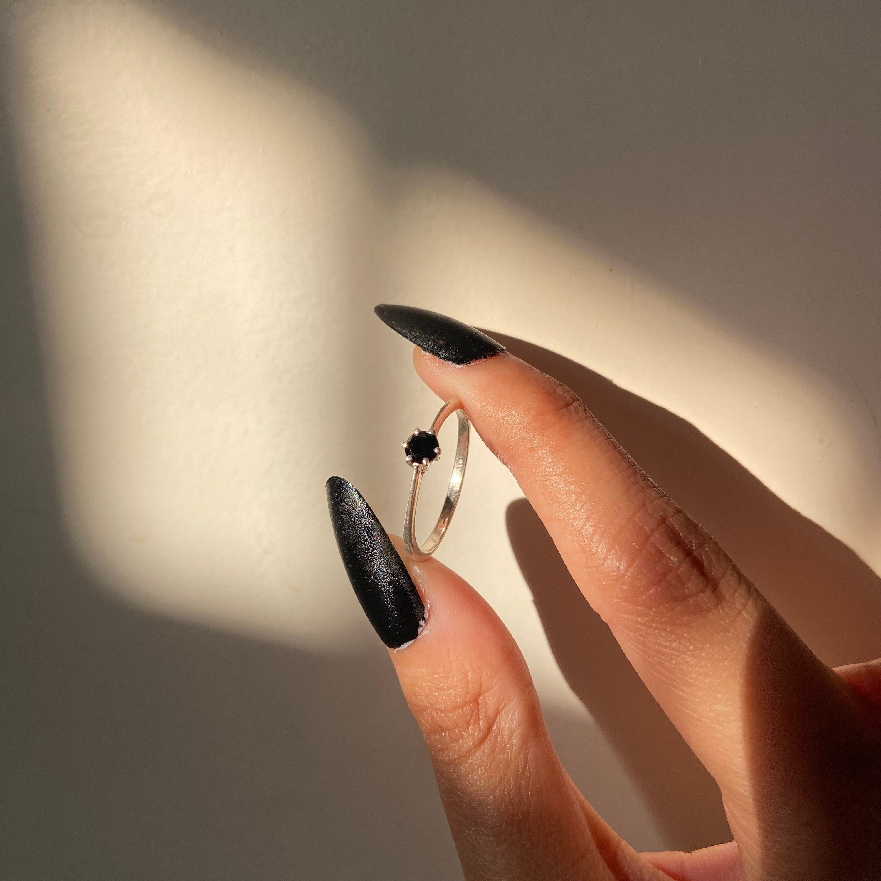 Dainty Natural Black Onyx Ring, Small Round Gemstone Birthstone 925 Sterling Silver Ring, Minimalist Ring Women