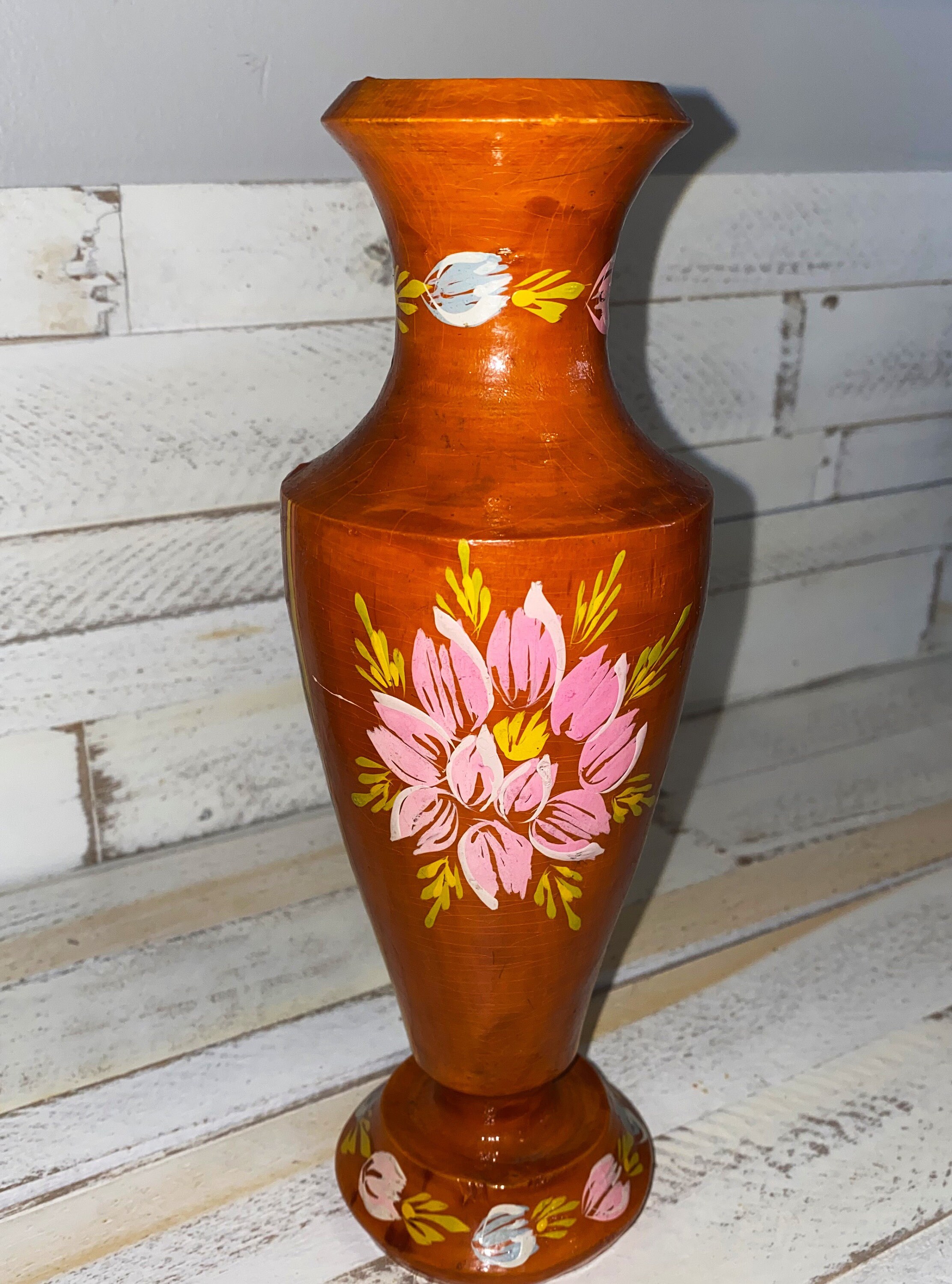 Vintage turned wood vase hand painted chic and shabby Etsy