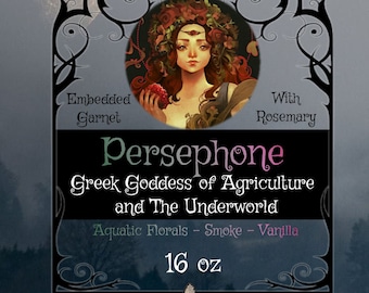 PERSEPHONE 16oz Greek Goddess of the Underworld and Agriculture Ritual Crystal Candle With Red Garnet and Rosemary - Mythology, Wicca, Pagan