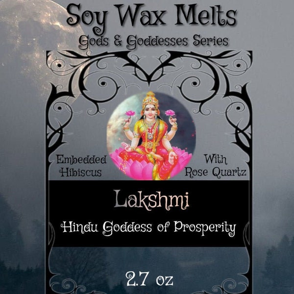 LAKSHMI Hindu Goddess of Prosperity and Wealth - with Hibiscus and Rose Quartz - Candle Tin or Tarts Highly Scented - Pagan, Wicca, Wiccan