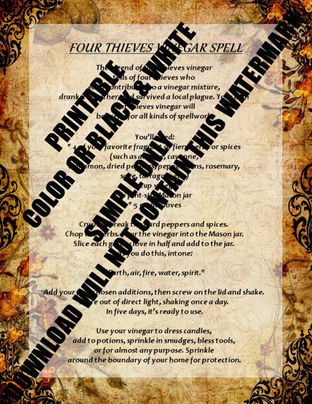 Four Thieves Vinegar Spell Printable Book of Shadows Page for Spells