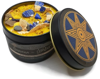 INANNA (Ishtar) 4oz Sumerian Goddess of Love and War Offering Candle - Amber Musk with Lapis Lazuli and White Lotus - Pagan, Wicca, Wiccan